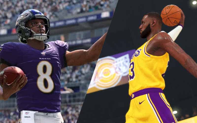 Lamar Jackson Madden NFL 20 and LeBron James NBA 2K20 video game sim betting