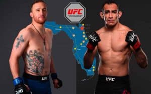 Gaethje and Ferguson standing shirtless amid a Florida map