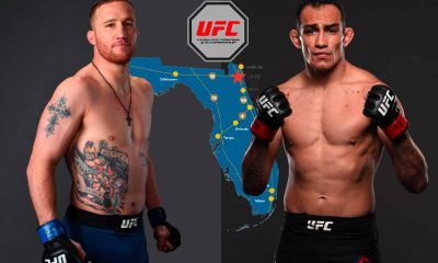 Gaethje and Ferguson standing shirtless amid a Florida map