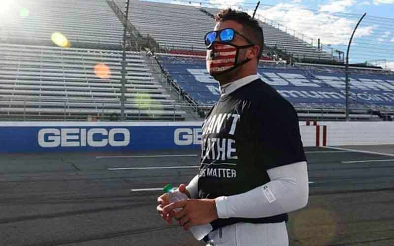 NASCAR driver Bubba Watson wearing a face mask and an I Can't Breathe t-shirt