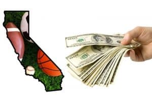 a map of CA with sports ball icons in it next to a hand that is handing cash to the state