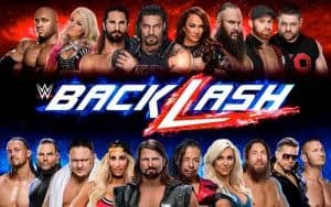 WWE wrestlers lined up next to each other above and below a Backlash logo