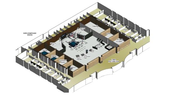 3d drawing of mgm grand conference room boxing ring layout for top rank fight on espn