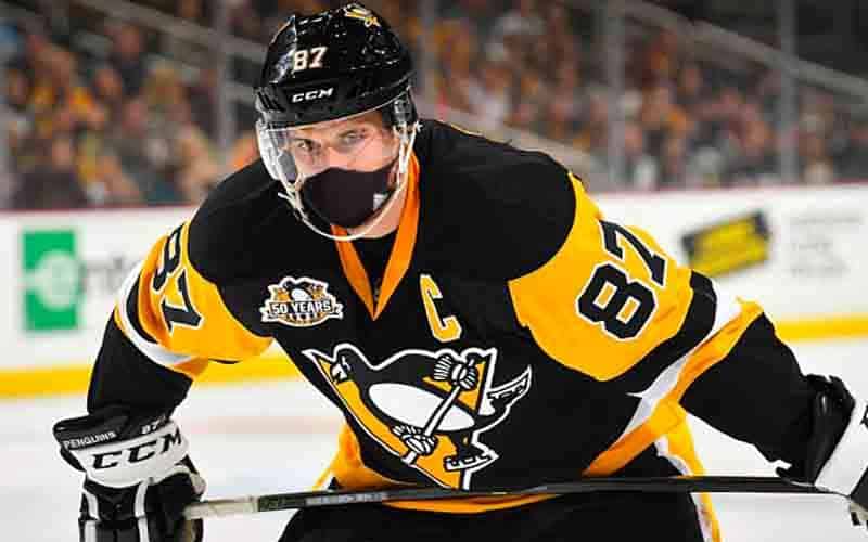 Sidney Crosby wearing a face mask for coronavirus protection
