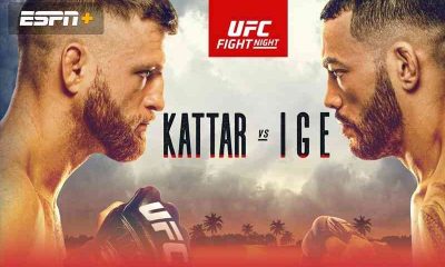 an ad for UFC Fight Night on ESPM with Calvin Kattar on the left and Dan Ige on the right