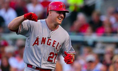 MLB baseball player Mike Trout pumping his fist in celebration