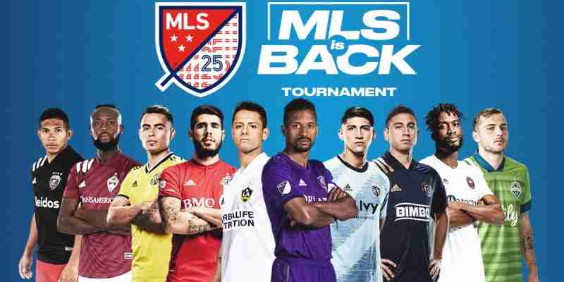 MLS Is Back Tournament Logo with ten players standing underneath