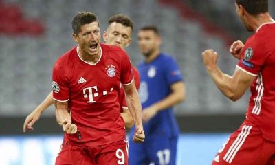 Two Bayern Munich soccer players celebrating