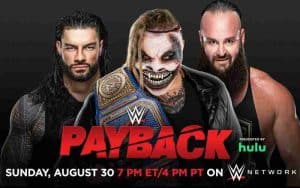 Roman Reigns, Bray Wyatt and Braun Strownman standing next to each other for a WWE Payback promo