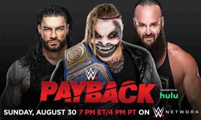 Roman Reigns, Bray Wyatt and Braun Strownman standing next to each other for a WWE Payback promo