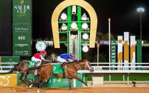 photo finish of maximum security winning the 2020 saudi cup