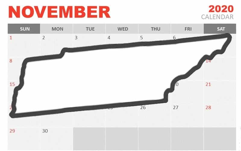 Tennessee hovering over a November 2020 calendar