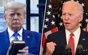 Trump holding a bible and Biden pumping his fist