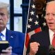 Trump holding a bible and Biden pumping his fist