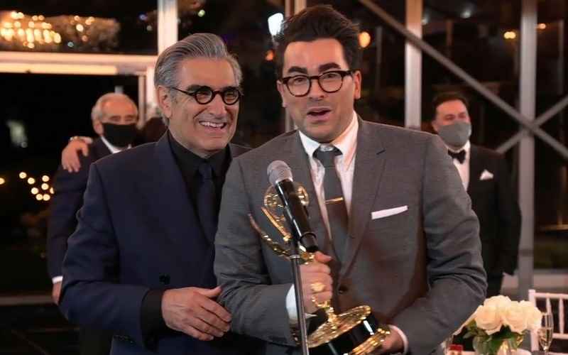 Eugene And Dan Levy speaking at the Emmy Awards
