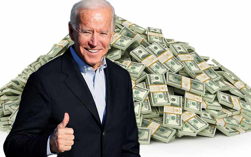 Biden giving a thumbs up in front of a pile of cash