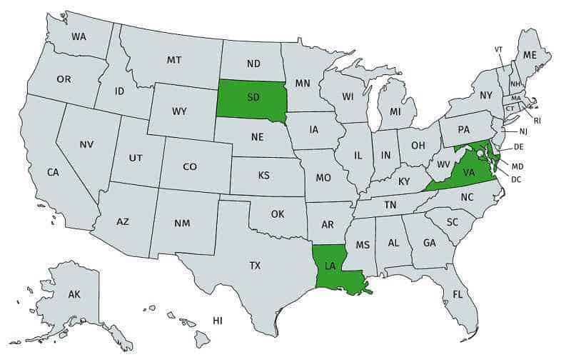 Legal 2020 Sports Betting States of MD, VA, LA, and SD