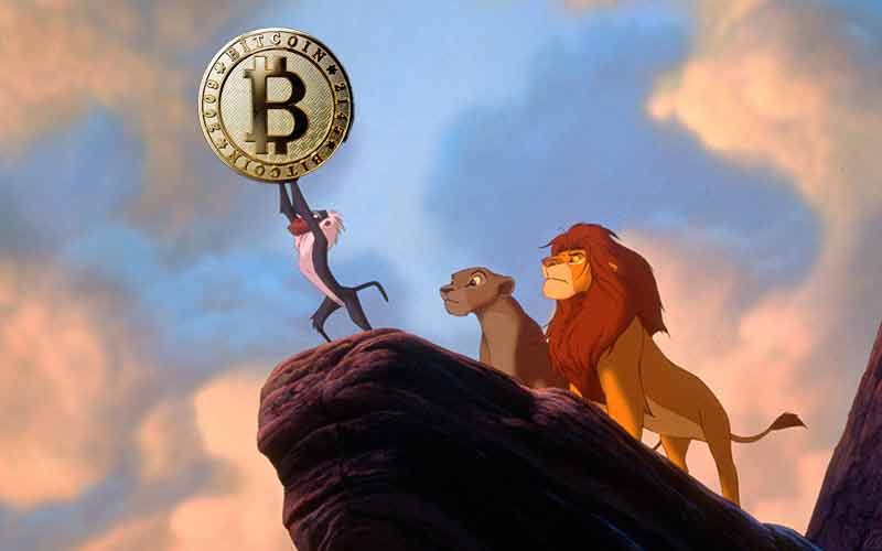 Simba holding up a Bitcoin