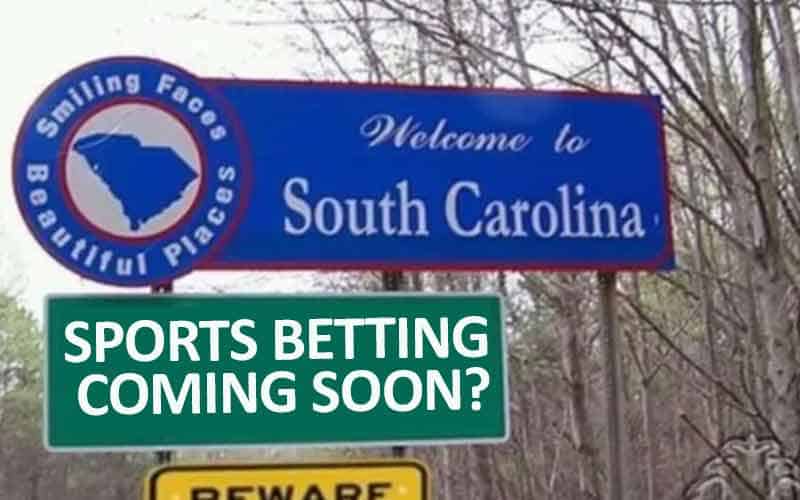 South Carolina road sign with sign underneath asking if sports betting is coming soon