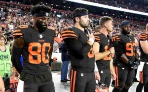 Cleveland Browns Jarvis Landry and Baker Mayfield on sidelines