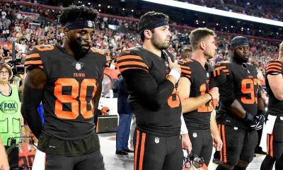 Cleveland Browns Jarvis Landry and Baker Mayfield on sidelines