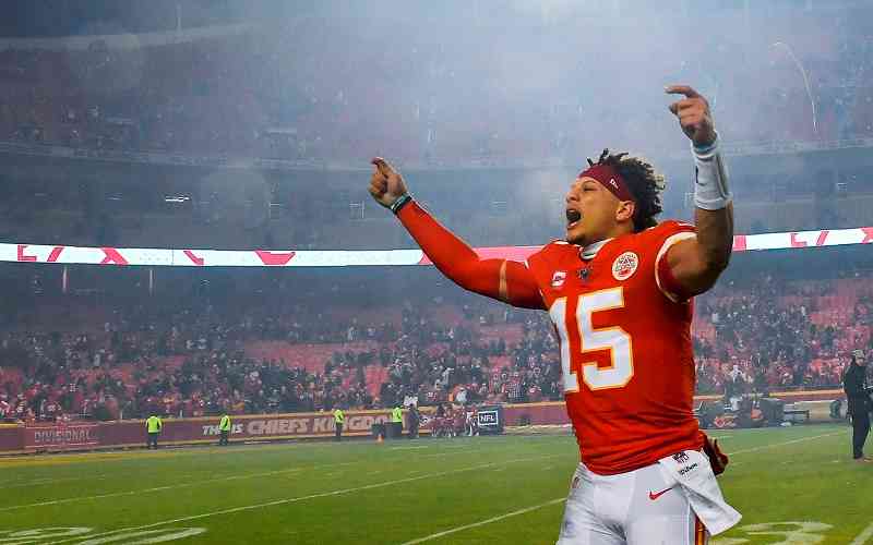 Patrick Mahomes celebrating Super Bowl win