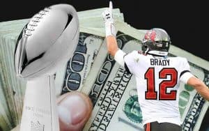 Tom Brady running towards Super Bowl bet winnings and a Lombardi Trophy
