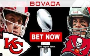 Bovada promo for Super Bowl LV with Kansas City Chiefs QB Patrick Mahomes and Tampa Bay Bucs QN Tom Brady