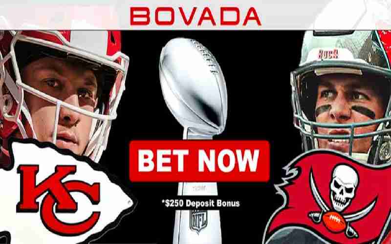 Bovada promo for Super Bowl LV with Kansas City Chiefs QB Patrick Mahomes and Tampa Bay Bucs QN Tom Brady