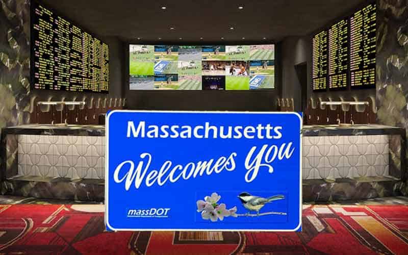 A Legal Sportsbook In Massachusetts with a state welcome sign in front