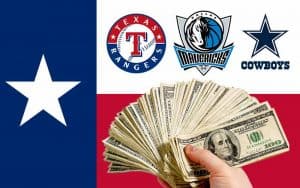 Texas Flag with sports betting alliance member logos for Cowboys Mavericks Rangers