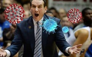 Coach K with coronavirus molecules flying around as their March Madness odds tank