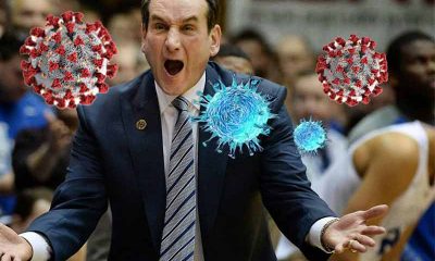 Coach K with coronavirus molecules flying around as their March Madness odds tank