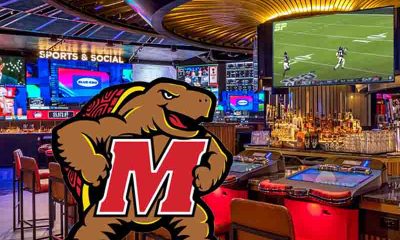 Pictured is a Maryland sports betting lounge, set to open on Friday. On top of the image is a graphic of the Maryland terrapins
