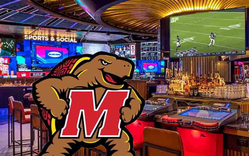 Pictured is a Maryland sports betting lounge, set to open on Friday. On top of the image is a graphic of the Maryland terrapins