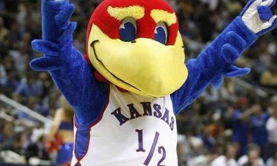 Kansas Jayhawk mascot celebrating the passage of legal sports betting in KS in 2022