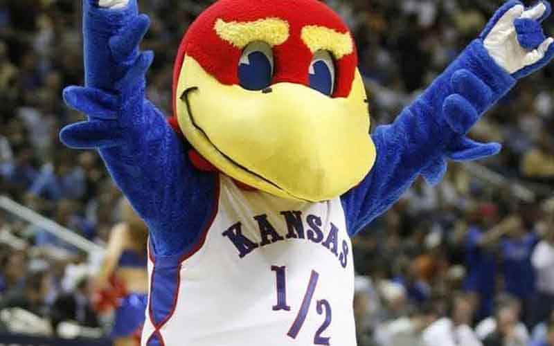 Kansas Jayhawk mascot celebrating the passage of legal sports betting in KS in 2022