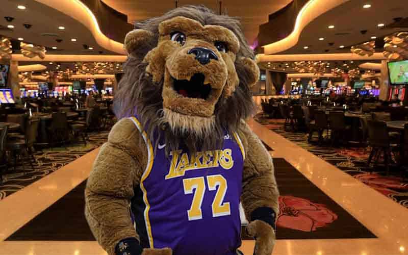 image of Los Angeles Lakers mascot in a California casino getting ready to bet on sports if it becomes legal