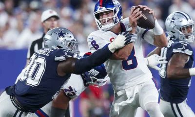 New York Giants QB Daniel Jones getting pressured by the Cowboys defense