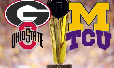 CFP National Championship Trophy with logos for Georgia Ohio State Michigan and TCU