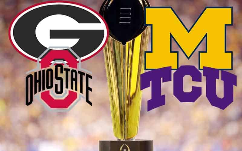 CFP National Championship Trophy with logos for Georgia Ohio State Michigan and TCU