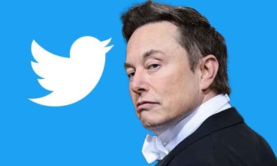 Elon Musk looking at the camera in front of a Twitter logo