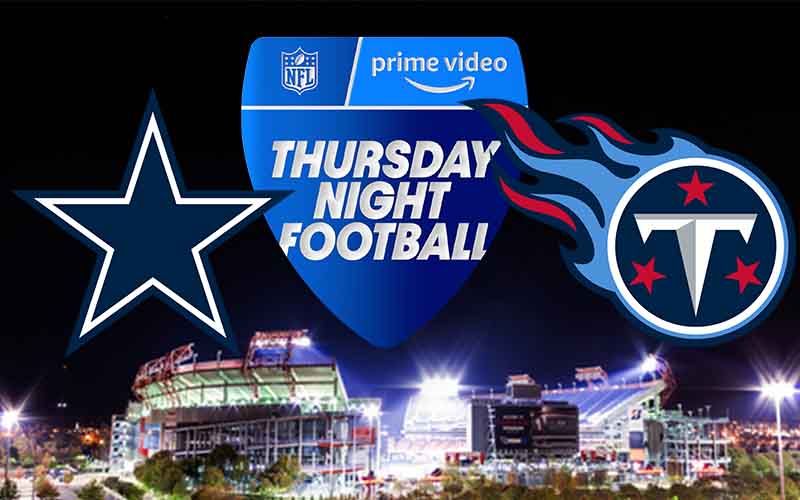 Logos for Thursday Night Football, the Dallas Cowboys, and the Tennessee Titans over Nissan Stadium