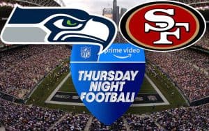 logos for the San Francisco 49ers Seattle Seahawks and Thursday Night Football in front of Lumen Field