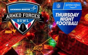 Armed Forces Bowl and Thursday Night Football logos in front of a Christmas tree with presents