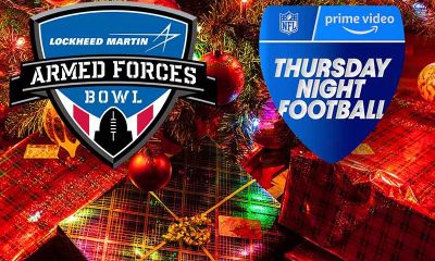 Armed Forces Bowl and Thursday Night Football logos in front of a Christmas tree with presents
