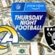 logos for Thursday Night Football, the LA Rams, and the Las Vegas Raiders in front of a stack of cash