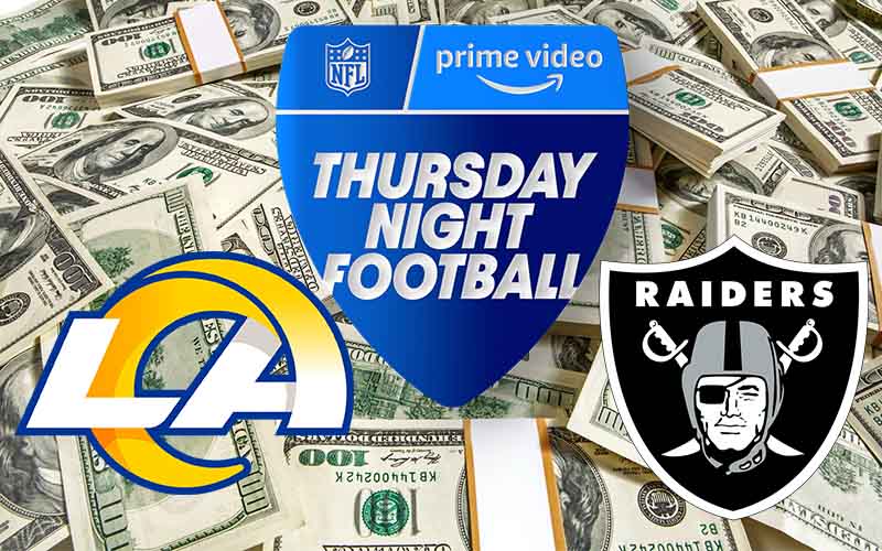 logo untuk Kamis Malam Football, LA Rams, dan Las Vegas Raiders di depan setumpuk uang