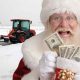 Santa Claus holding some cash in front of a closed airport due to snow