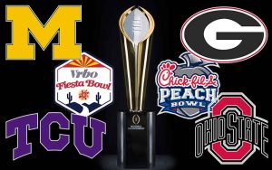 logos for TCU, Ohio State, Michigan, Georgia, the Peach Bowl, and the Fiesta Bowl in front of the CFP trophy
